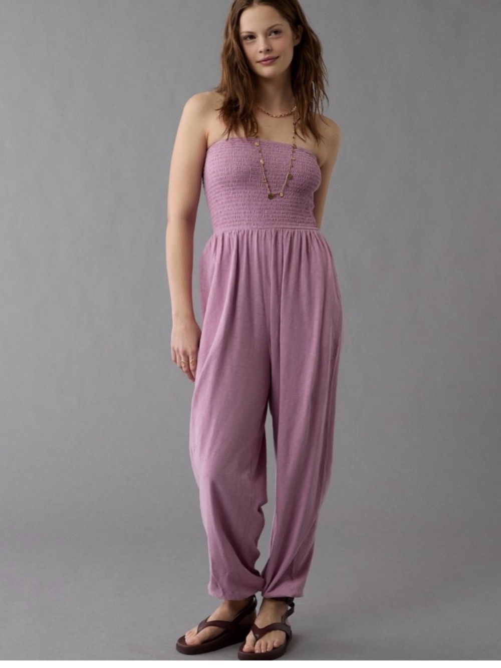 American Eagle Outfitters Lavender Strapless Smocked Jumpsuit